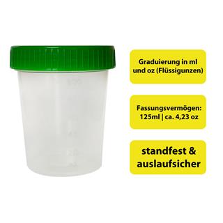 Urinprobenbecher 125ml, mit grünem Schraubdeckel