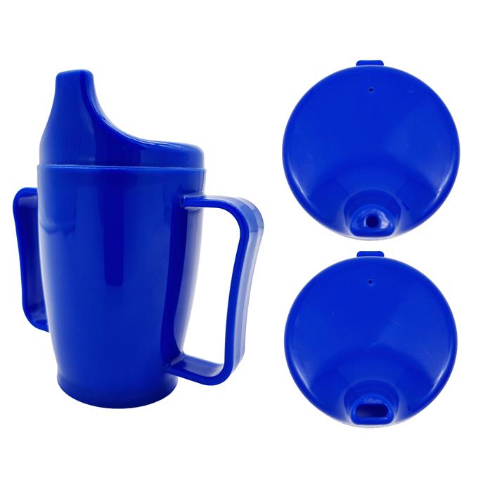 Trinkbecher mit 2 Griffen, 280ml, Doppeldeckel-System für Flüssigkeiten und Brei