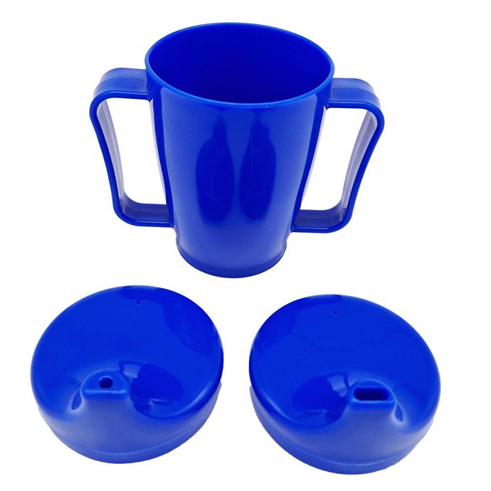 Trinkbecher mit 2 Griffen, 280ml, Doppeldeckel-System für Flüssigkeiten und Brei