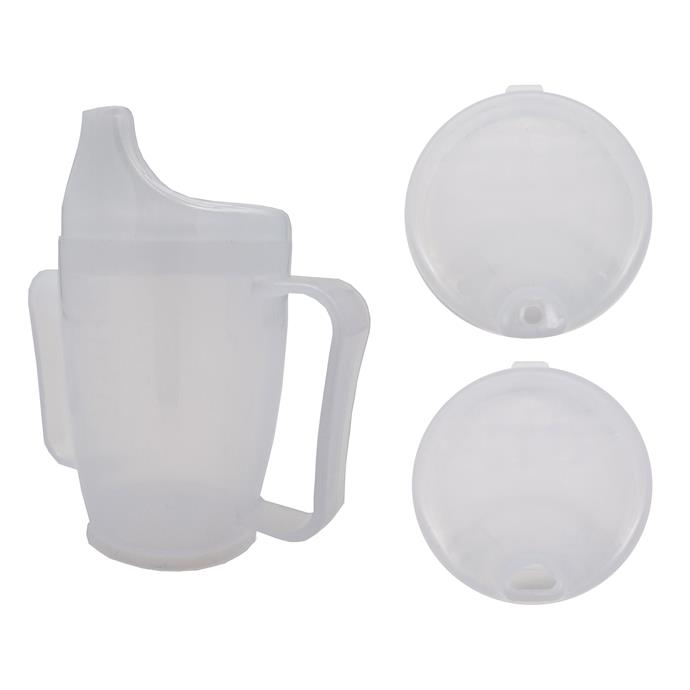 Trinkbecher mit 2 Griffen, 280ml, Doppeldeckel-System für Flüssigkeiten und Brei