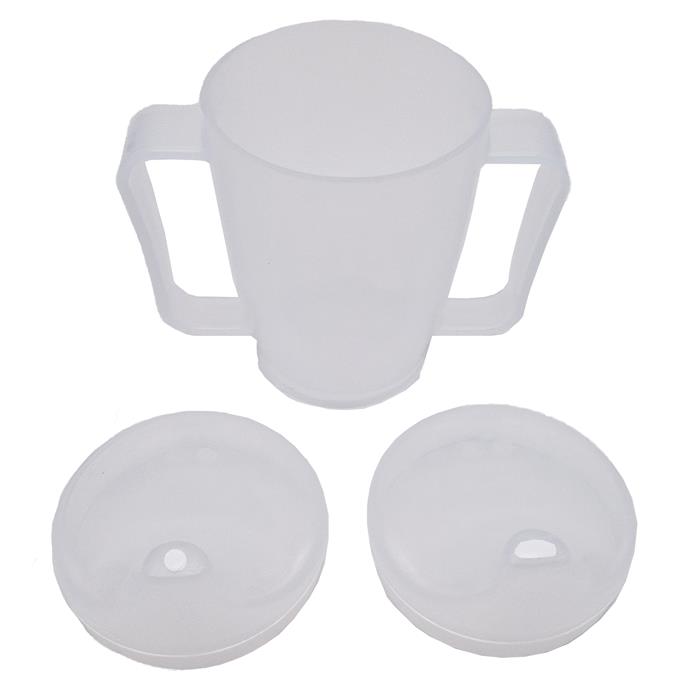 Trinkbecher mit 2 Griffen, 280ml, Doppeldeckel-System für Flüssigkeiten und Brei