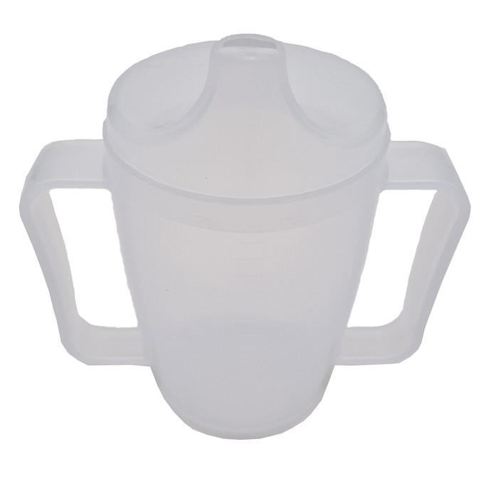 Trinkbecher mit 2 Griffen, 280ml, Doppeldeckel-System für Flüssigkeiten und Brei