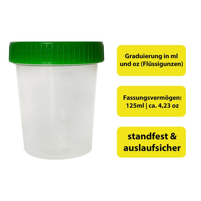 Urinprobenbecher 125ml, mit grünem Schraubdeckel
