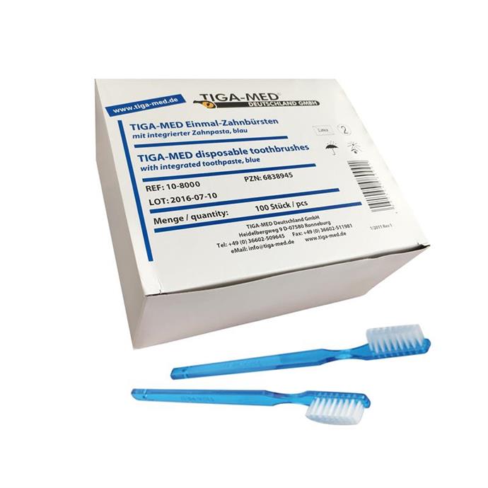 Zahnbürsten mit integrierter Zahnpasta, blau Pack à 100 Stück